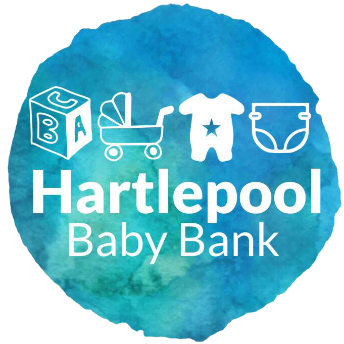 Blue circle with Outline drawings in white of baby essentials. Underneath is white writing that says Hartlepool Baby Bank 