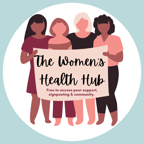 Green background with four female presenting people holding a banner which says The Women's Health Hub. Free to access peer support, signposting and community