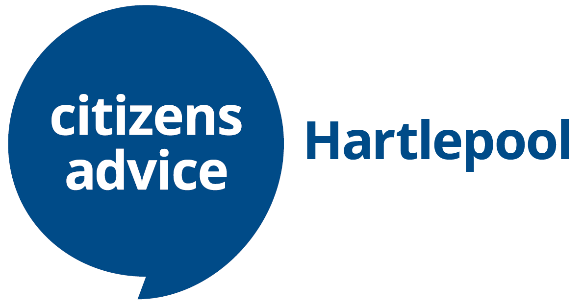 Blue circle with white writing which states Citizens advice. Next to it blue writing reading Hartlepool